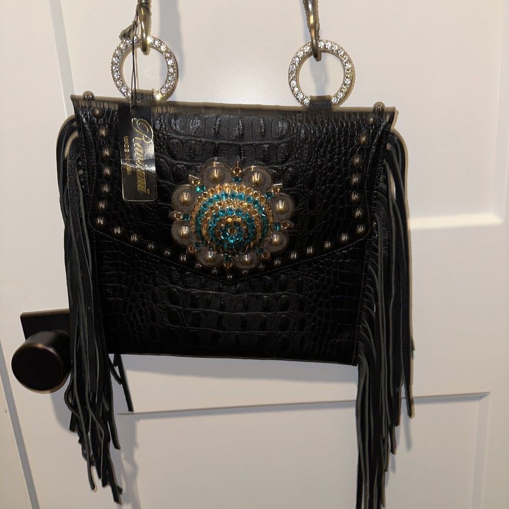Raviani Fringe Satchel Bag In Black Alligator Embossd Leather Crystal Flower NWT